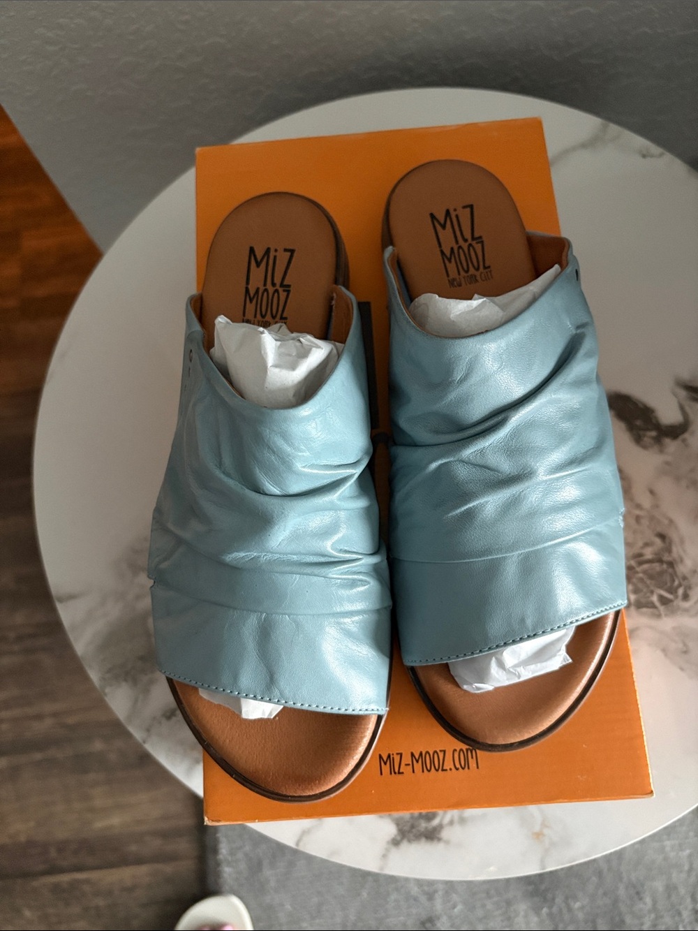 Miz Mooz Pale Blue Ruched Leather Slide Sandals Size 38